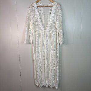 Maurices Duster Kimono XL White Lace Boho Bridal Sheer 3/4 Sleeves Bride
